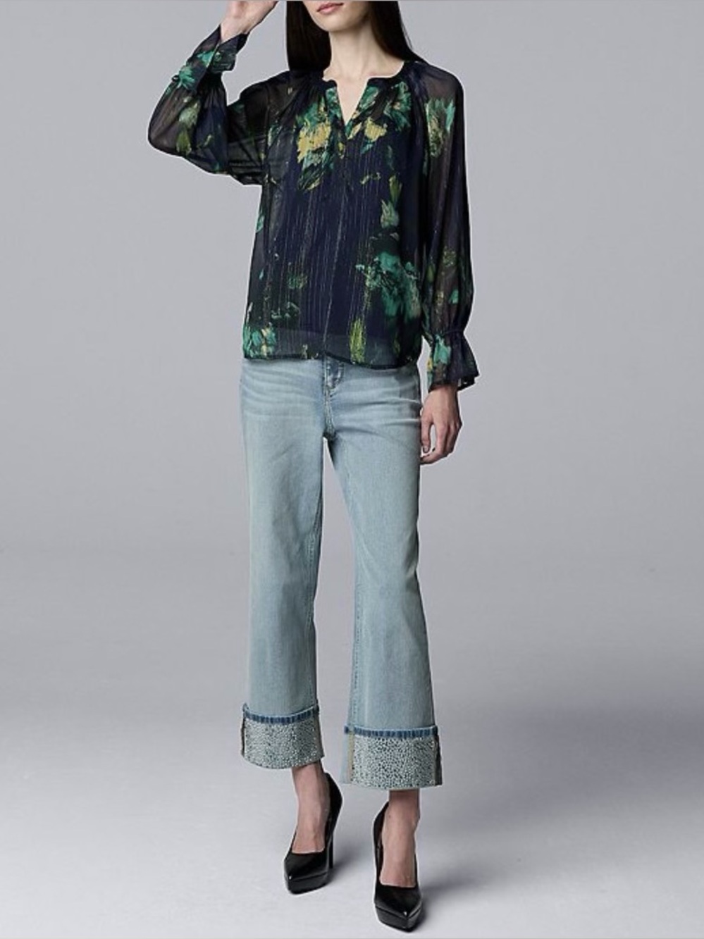 Sheer Navy Floral Shirred Neck Long-Sleeve Blouse